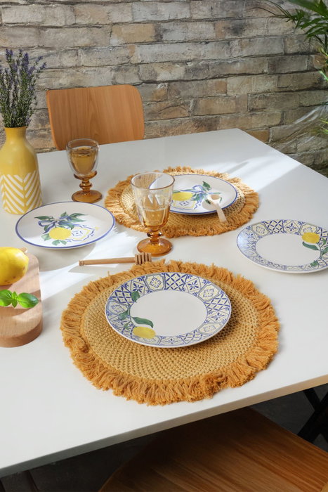 Hermia Set de Servir Pasteles de 4 piezas en Cerámica, 20 cm, Blanco, Azul Marino y Amarillo